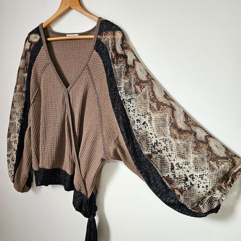 Waffle Knit V-Neck Blouse with Snake Print Dolman Sleeves - Taupe